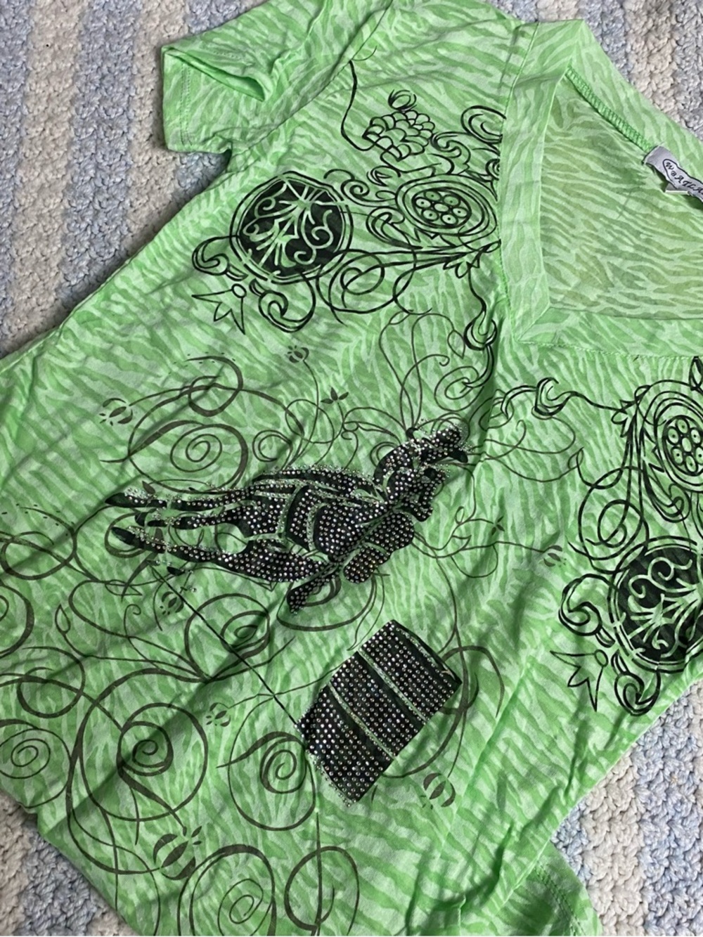 Lime green Graphic V-Neck Top with barrel racer rhinestone Detail